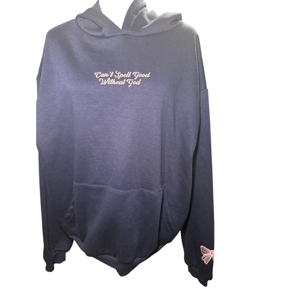 Faded Rose God Is Good Pink Bow Navy Hoodie, Coquette Christian, Large NWT